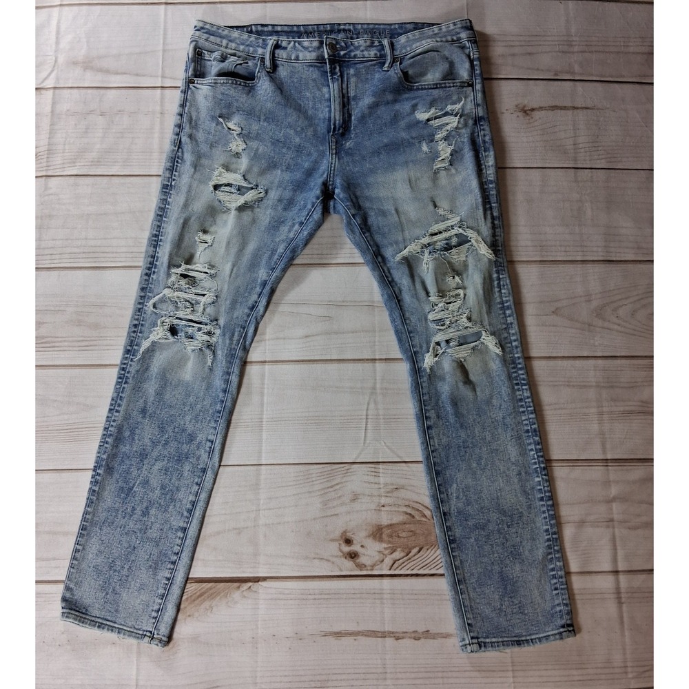 American Eagle Airflex+ Ripped Skinny Jeans Mens 38x32 Light Wash Distressed AEO